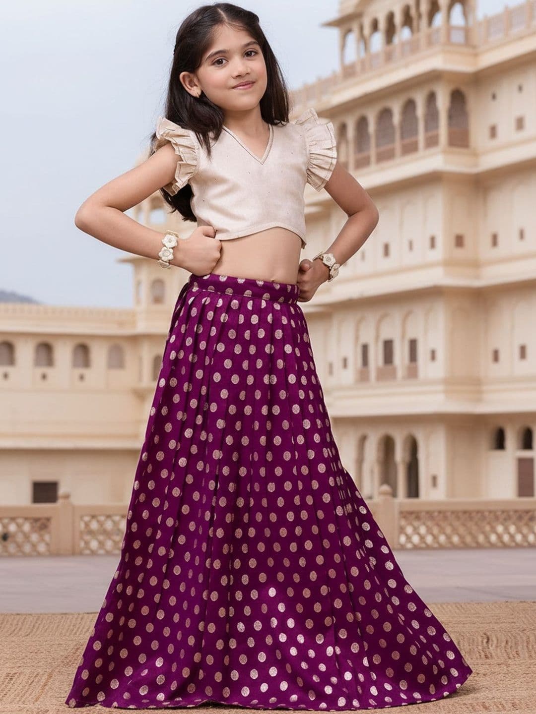 KALANANDI Girls Embellished Foil Print Ready to Wear Lehenga & thumbnail 6