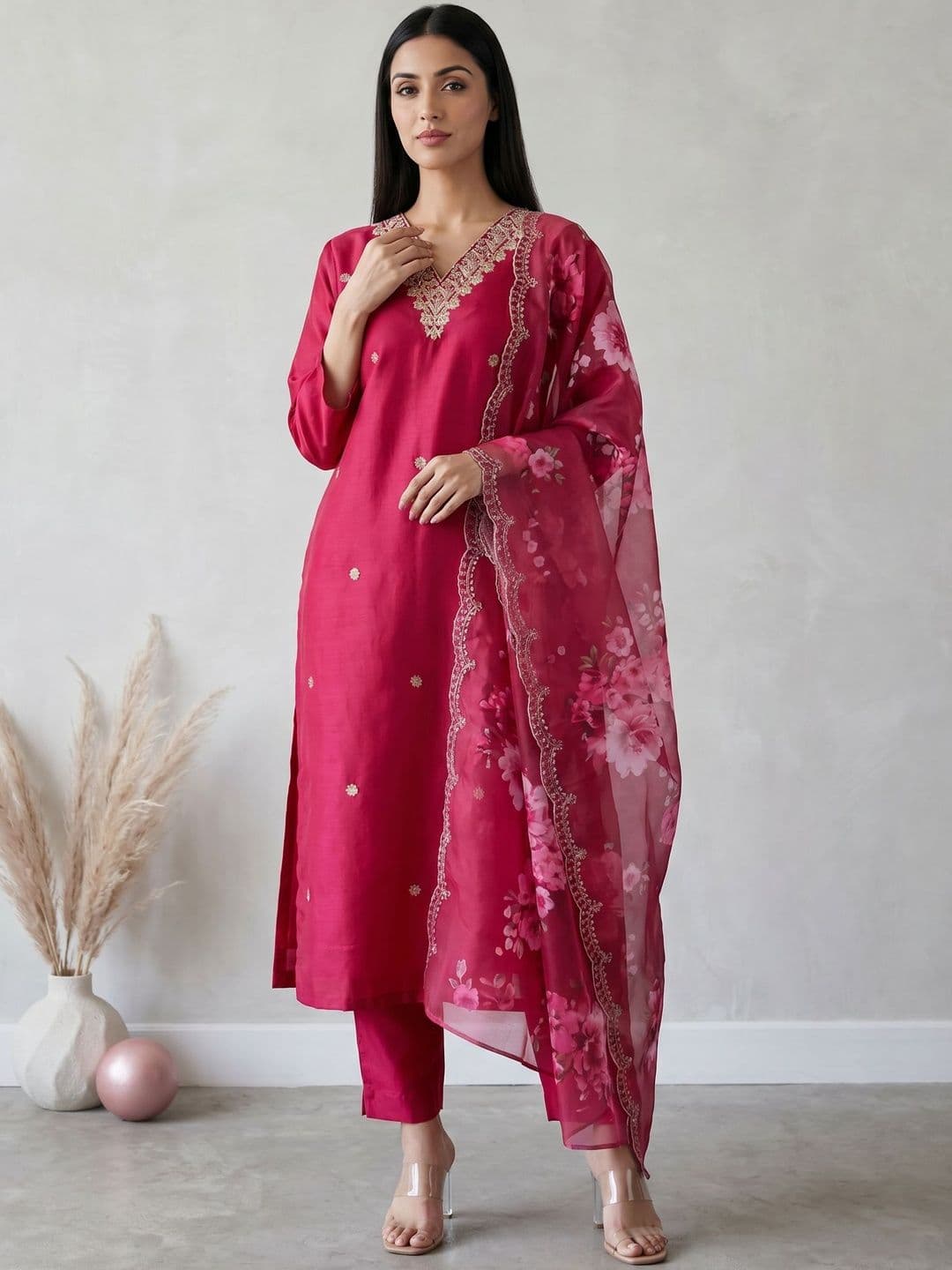 KALINI Women Ethnic Motifs Embroidered Regular Thread Work Kurta with Trousers & With Dupatta - view 1