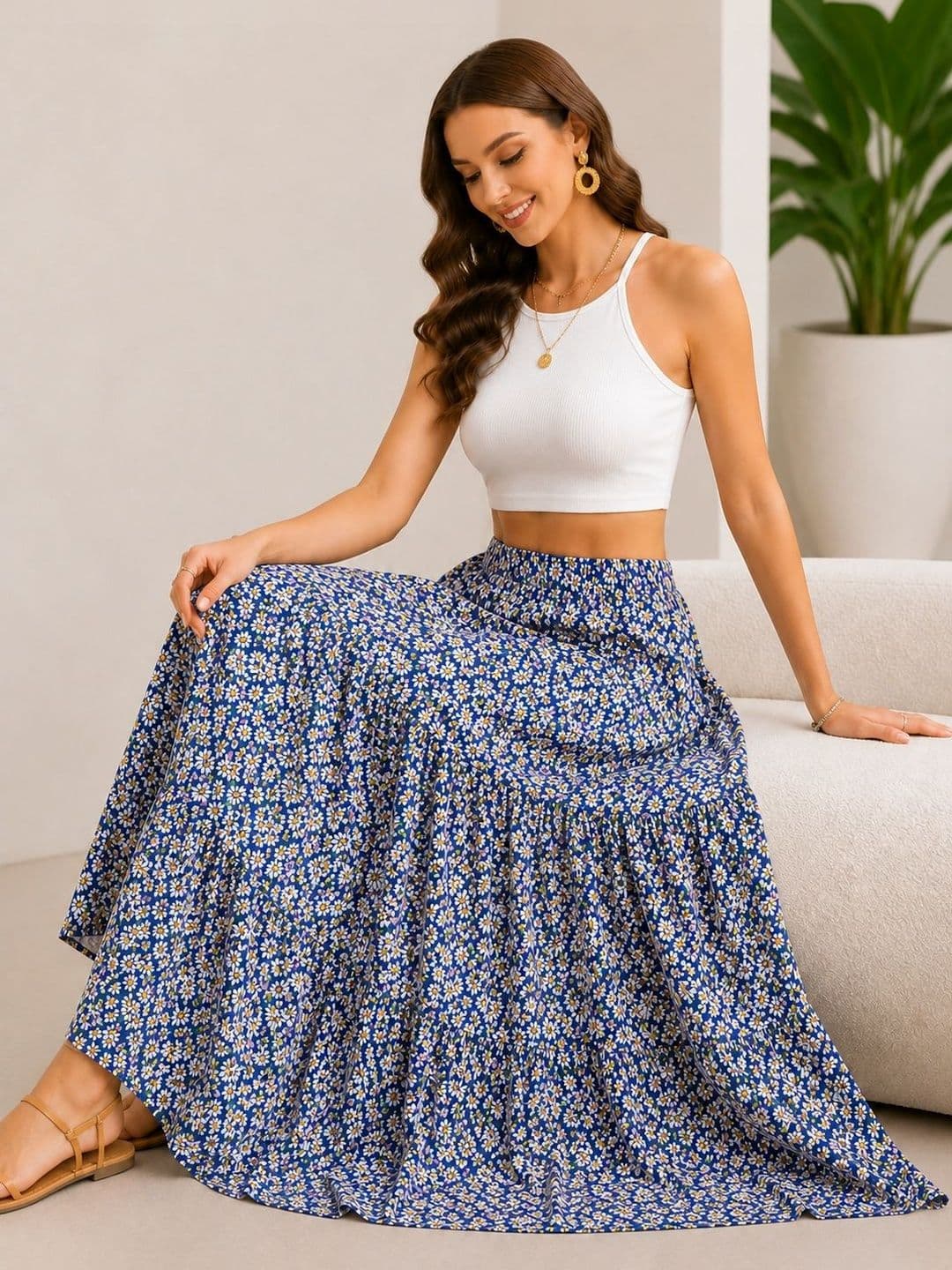 AmorLuxe Women Crepe Floral Micro or Ditsy Print Midi A-Line Skirt thumbnail 4