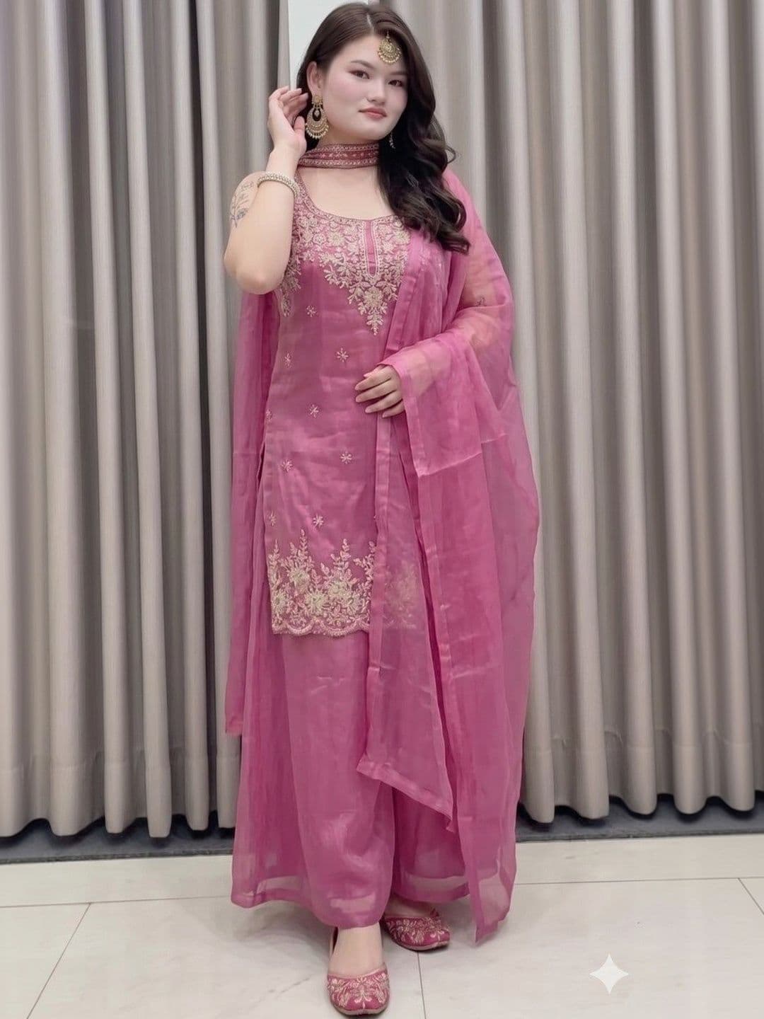 BOUNCER Women Ethnic Motifs Embroidered Regular Thread Work Pure Silk Kurta with Palazzos & With Dupatta - view 1