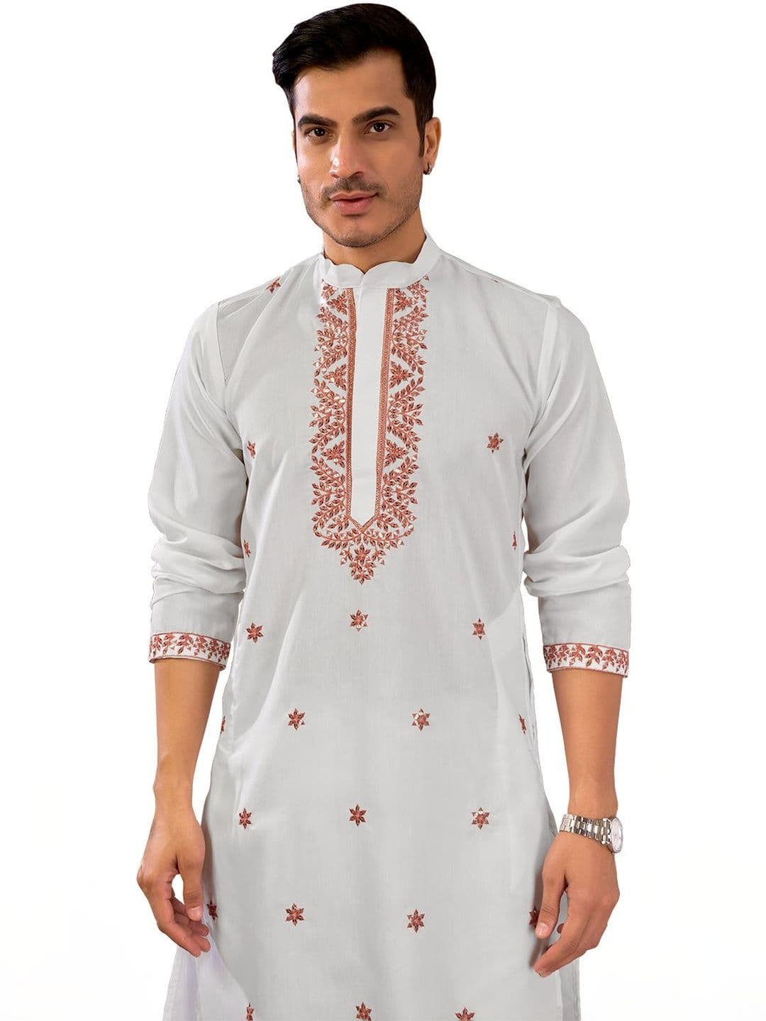 House of Pataudi Embroidered Cotton Mandarin Collar Knee Length Straight Kurta thumbnail 7