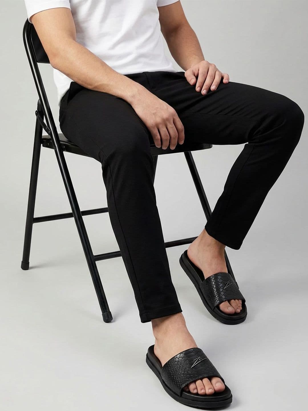 ZEESH Men Self Design Obsidian Leather Sliders Flip Flops - view 1