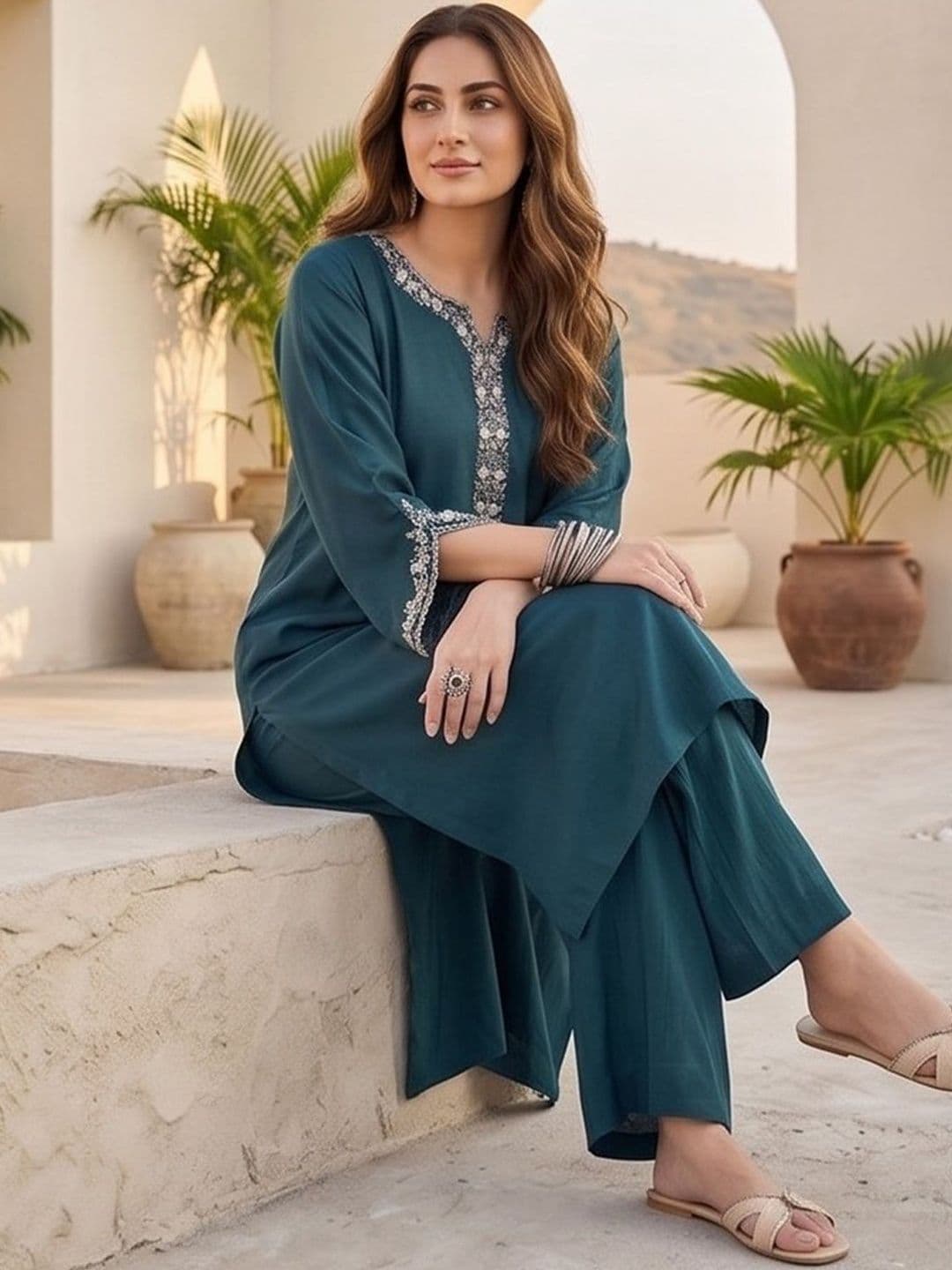 Varanga Women Regular Thread Work Kurta with Palazzos thumbnail 6