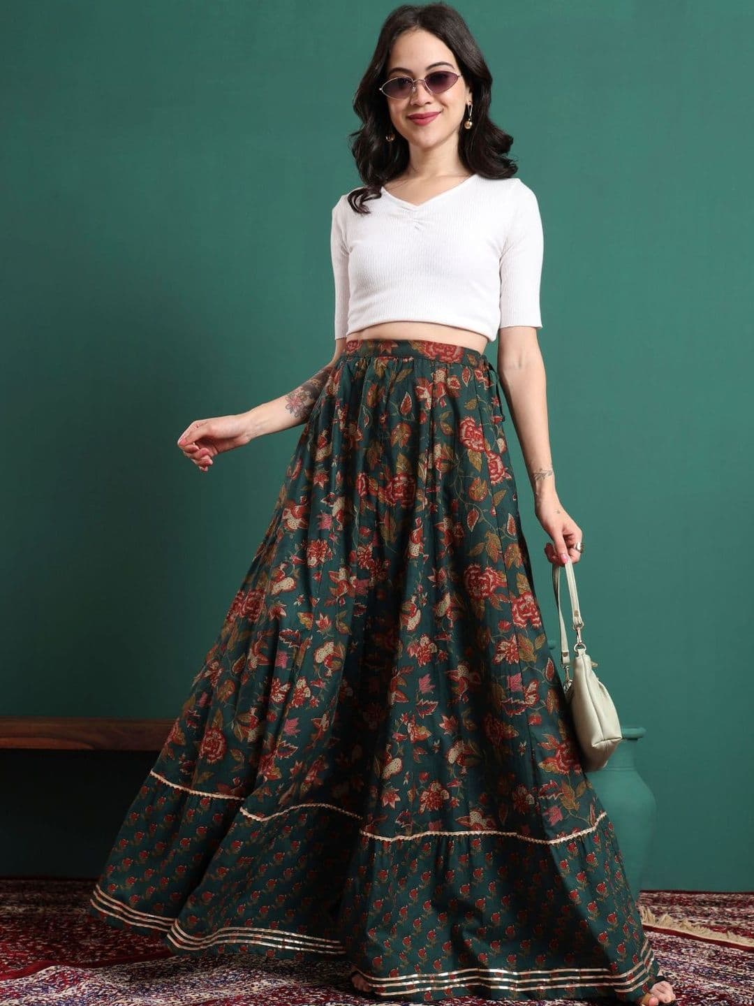Sangria Women Cotton Floral Maxi Flared Skirt thumbnail 2
