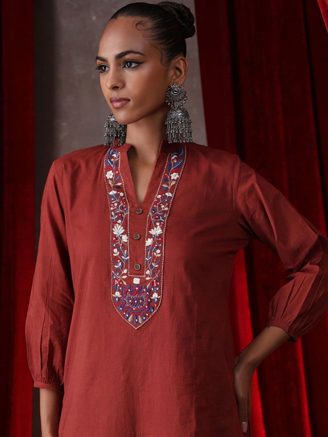 Khushal K Women Ethnic Motifs Embroidered Regular Thread Work Pure Cotton Kurta with Palazzos thumbnail 6