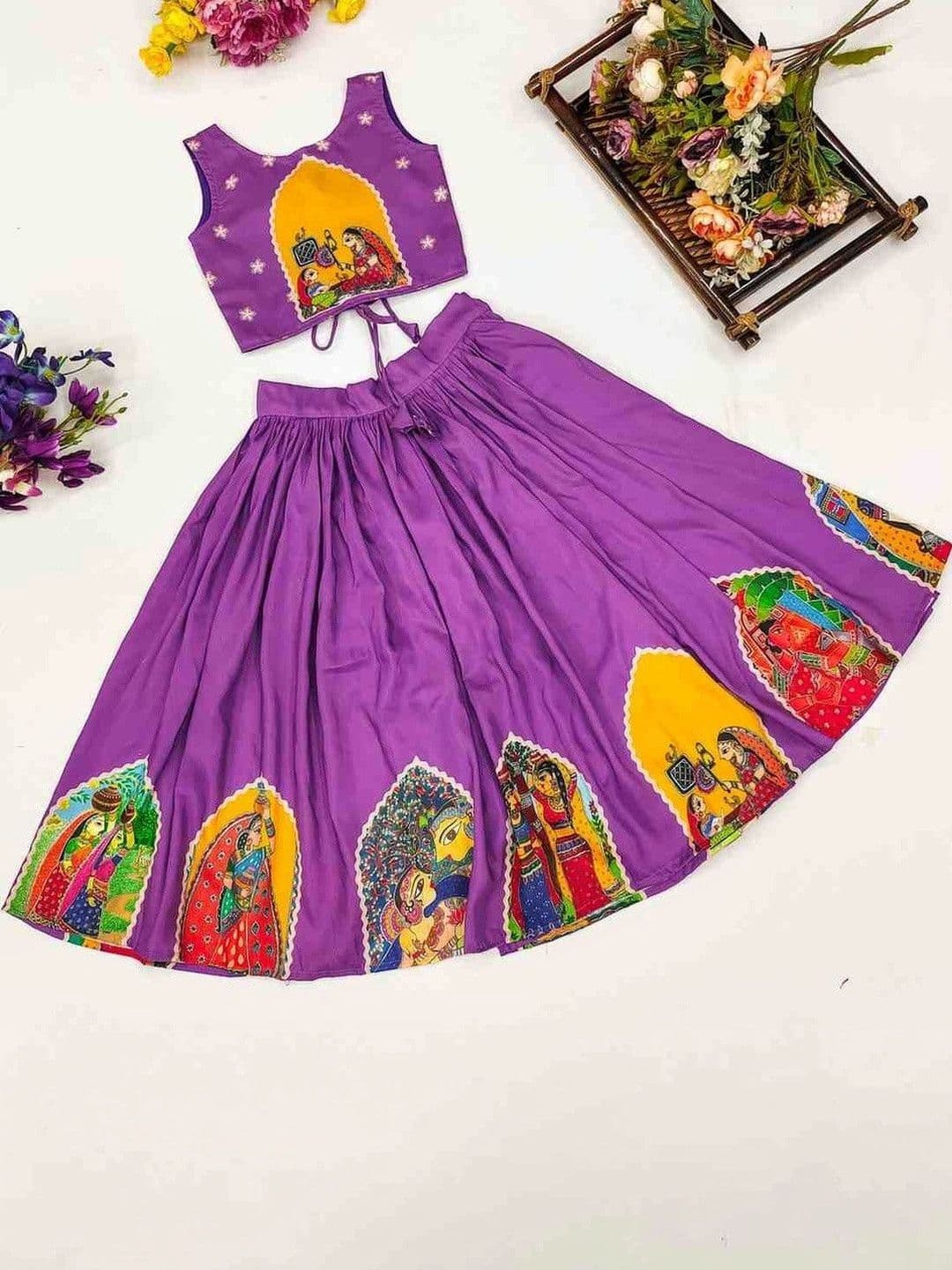 RJ ONLINE Girls Printed Thread Work Semi-Stitched Lehenga & thumbnail 5