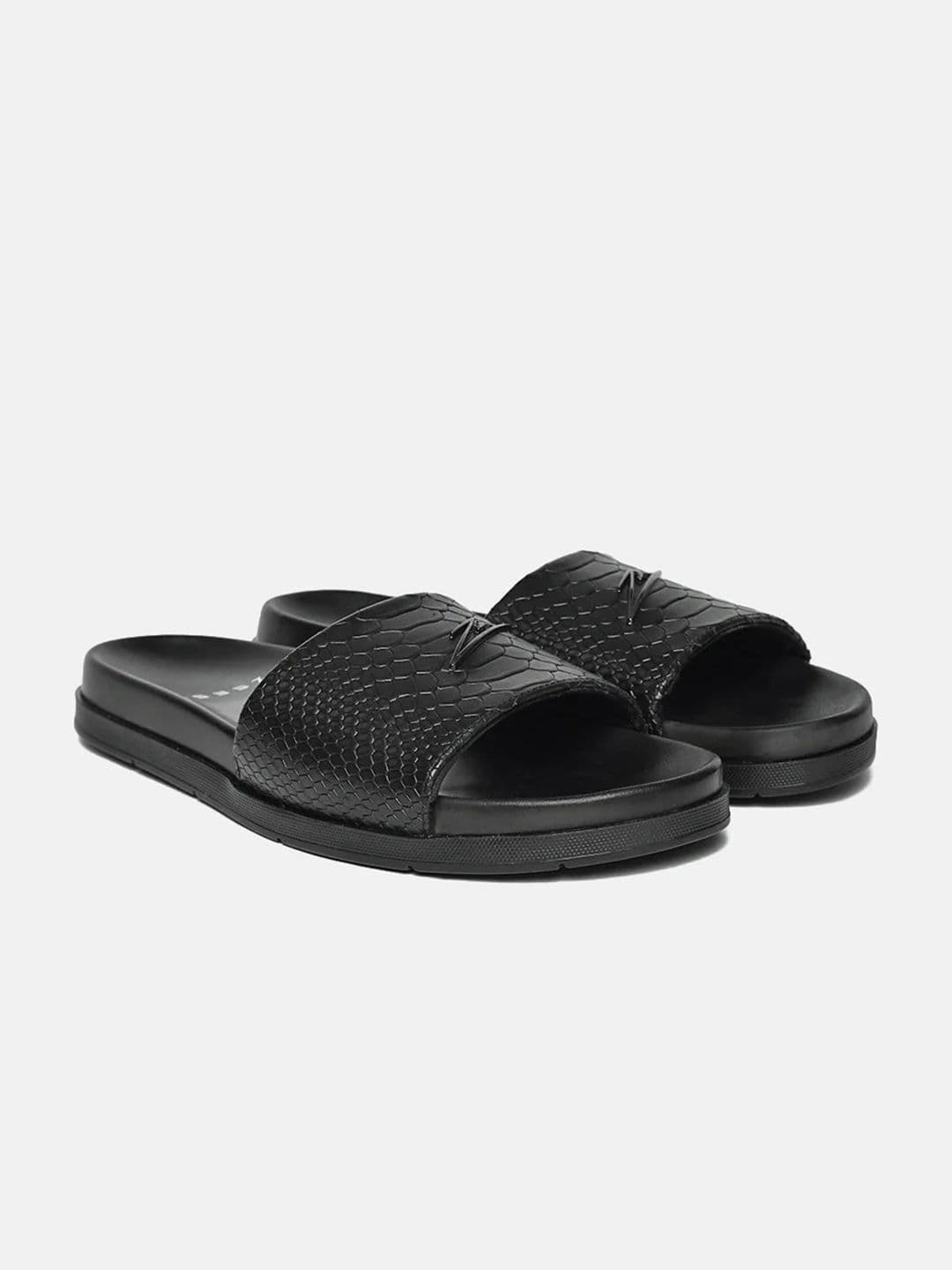 ZEESH Men Self Design Obsidian Leather Sliders Flip Flops thumbnail 2