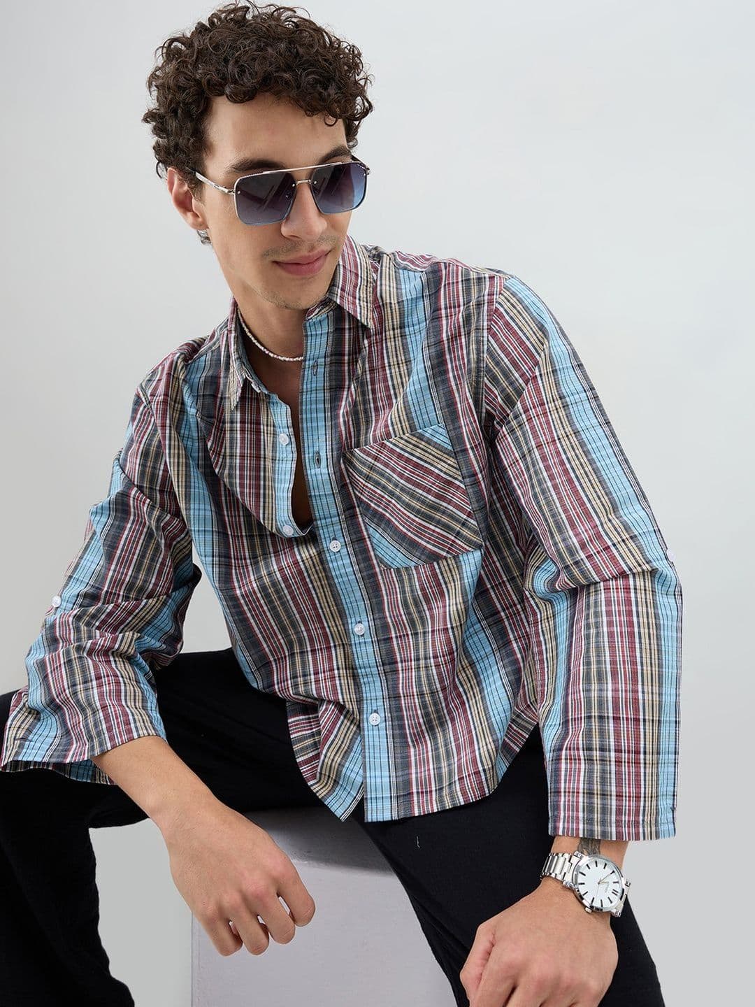 VASTRADO Multi Stripe Fusion Checks Cuffless Oversized Crop Shirt thumbnail 3