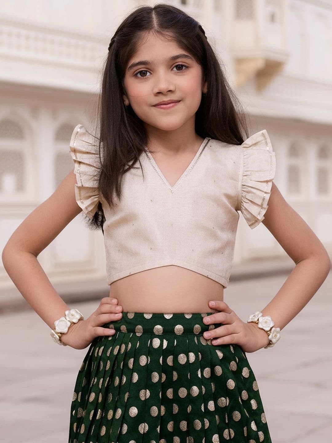 KALANANDI Girls Embellished Foil Print Ready to Wear Lehenga & thumbnail 5