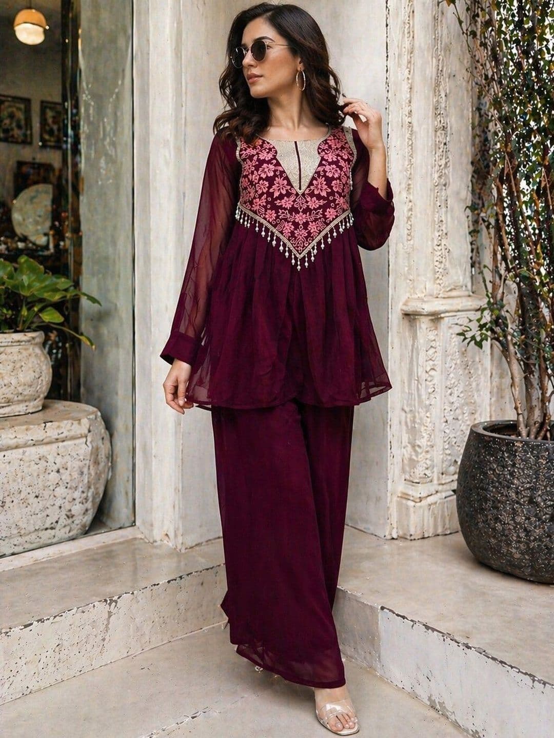 PRIMESKY Women Floral Embroidered Empire Thread Work Silk Georgette Kurti with Palazzos thumbnail 3