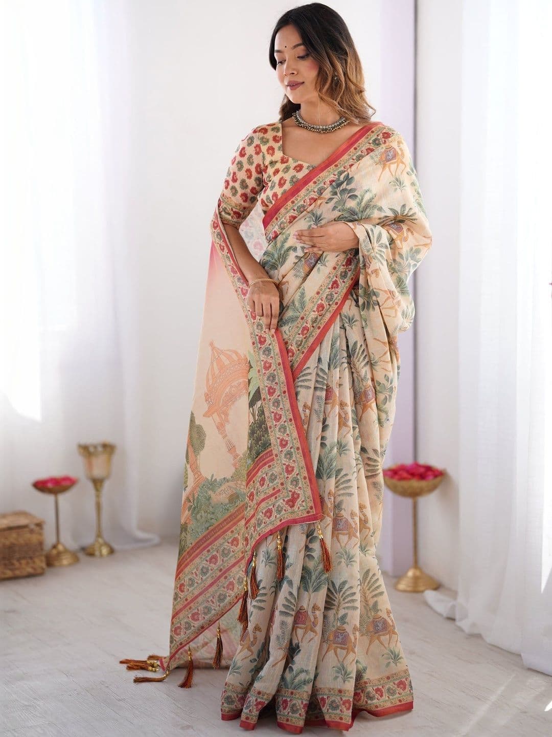 Siya Fashion Ethnic Motifs Linen Blend Designer Saree - view 1