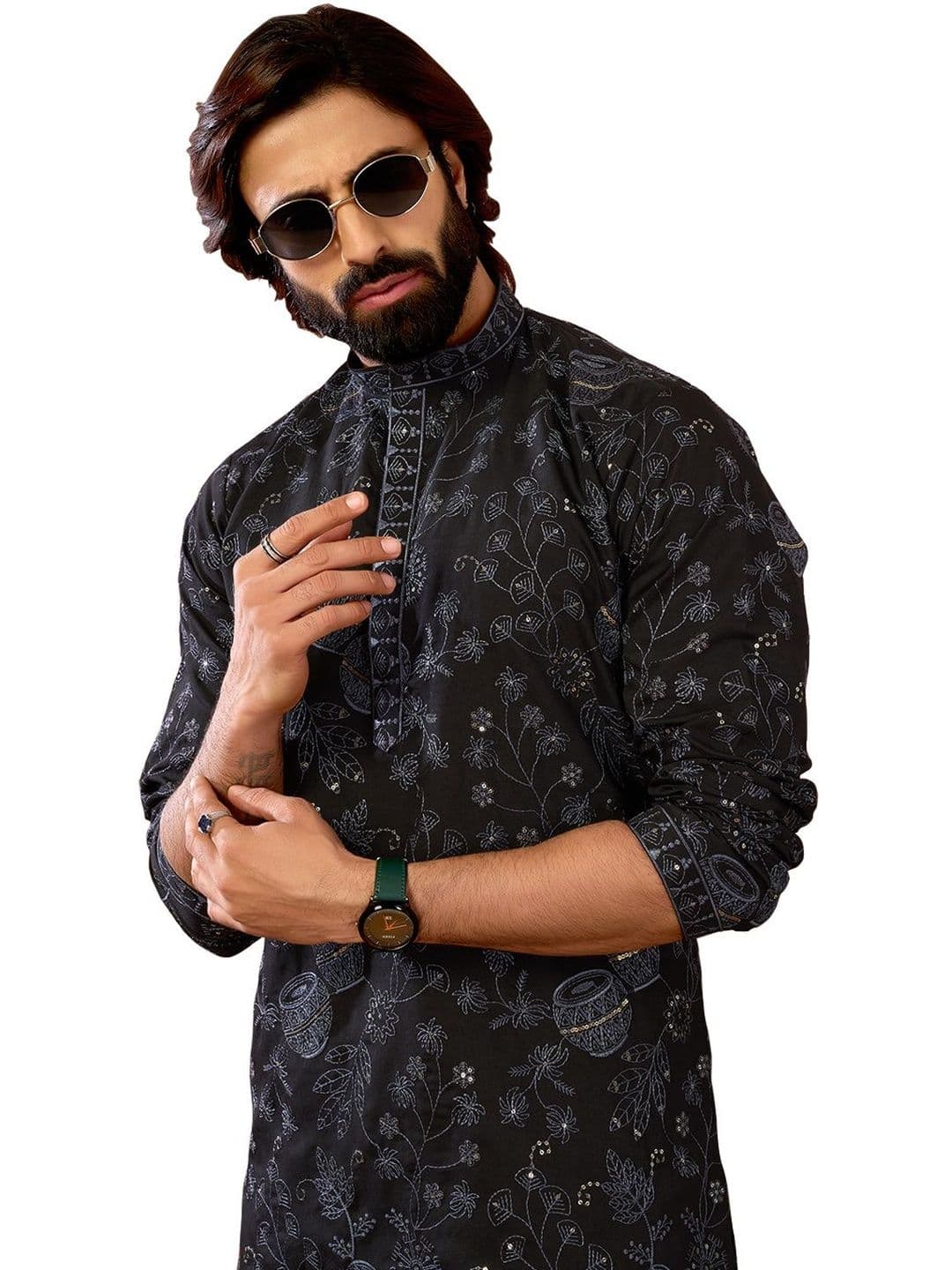 House of Pataudi Embroidered Cotton Mandarin Collar Knee Length Straight Kurtas thumbnail 2
