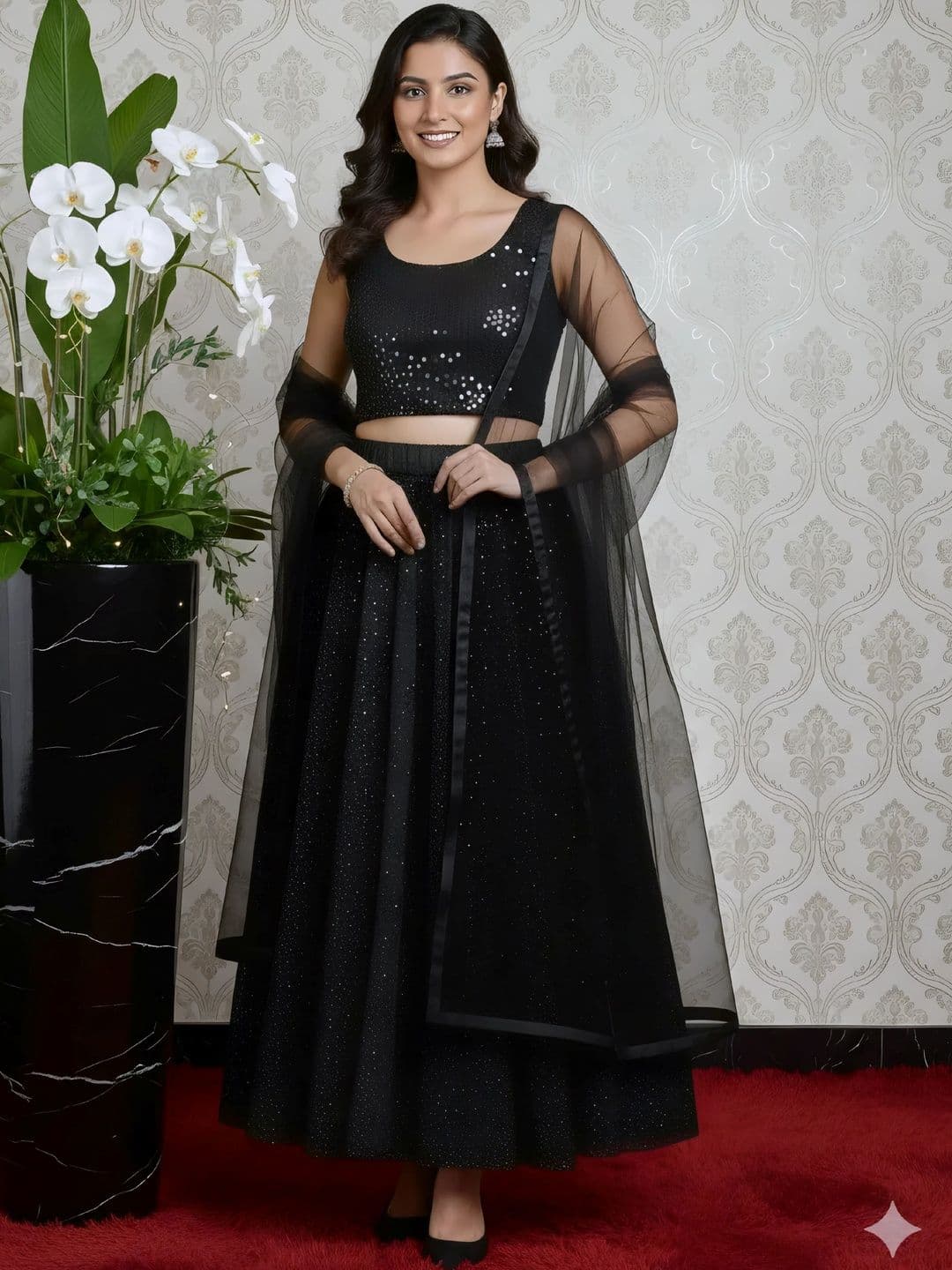 House of Pataudi Embellished Net Round Neck Flared Lehenga Choli - view 1