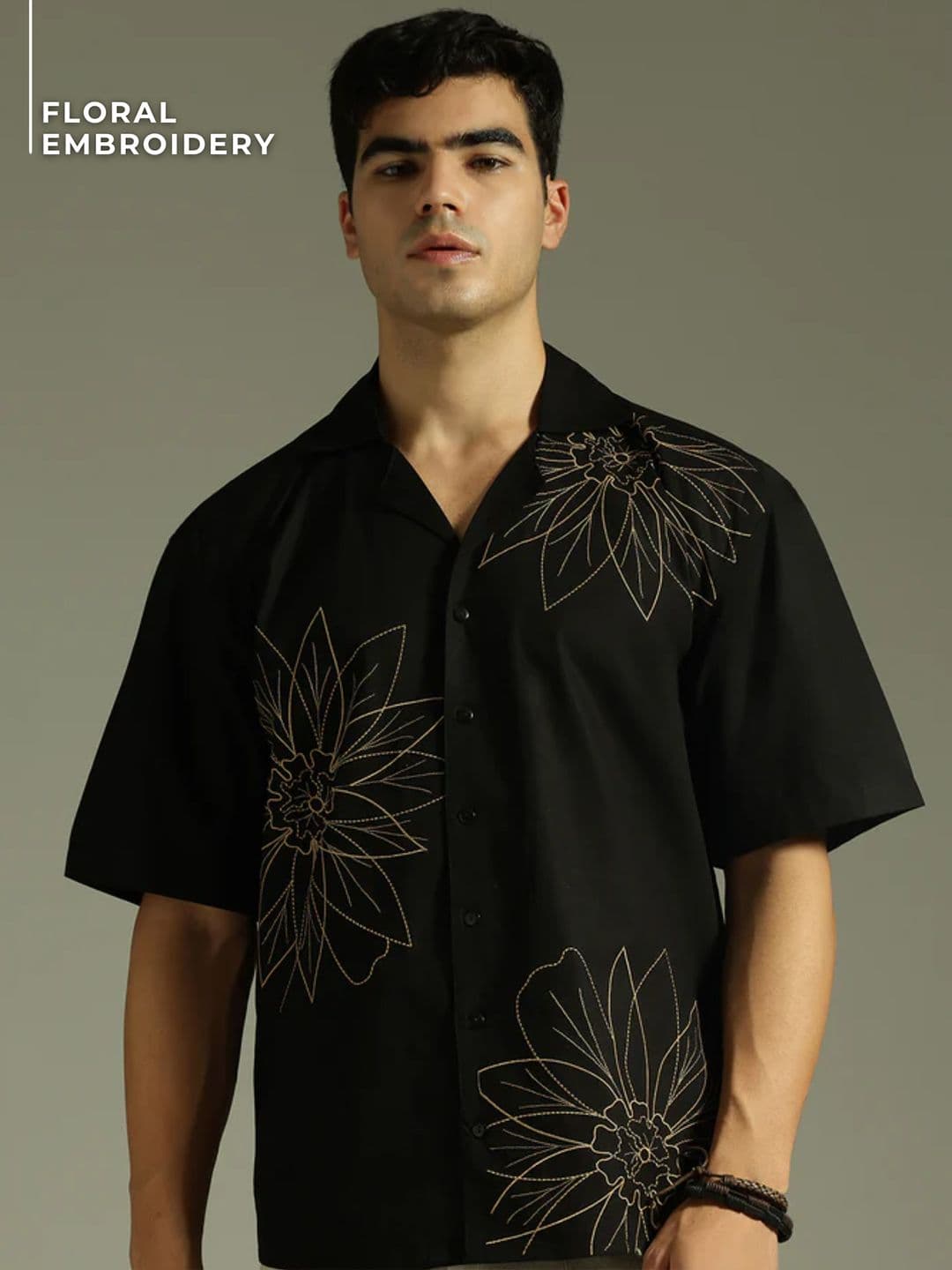 DENNISON Relaxed Fit Floral Embroidered Drop-Shoulder Sleeves Oversized Cotton Shirt thumbnail 2