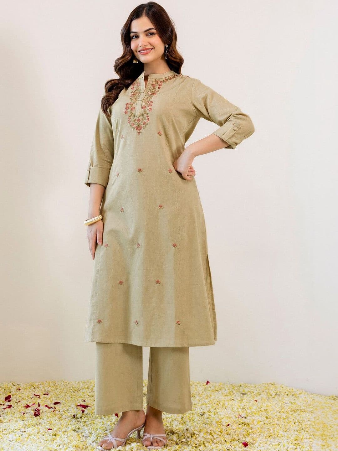 SKYLEE Embroidered Beige Viscose Rayon Co Ords for Women thumbnail 3
