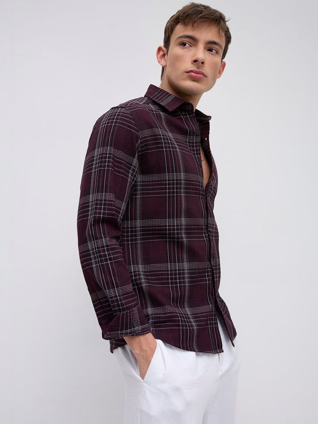 VASTRADO Refined Maroon & White Contrast Checks Shirt thumbnail 2