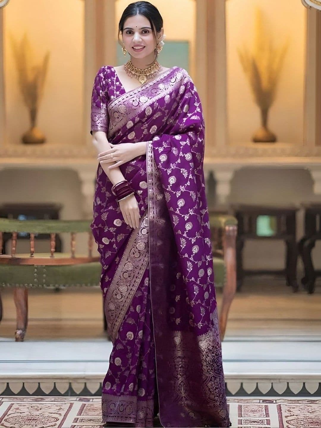Attigo Woven Design Zari Silk Blend Heavy Work Banarasi Saree - view 1
