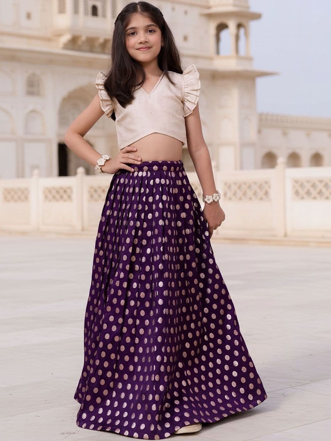 KALANANDI Girls Embellished Foil Print Ready to Wear Lehenga & - view 1
