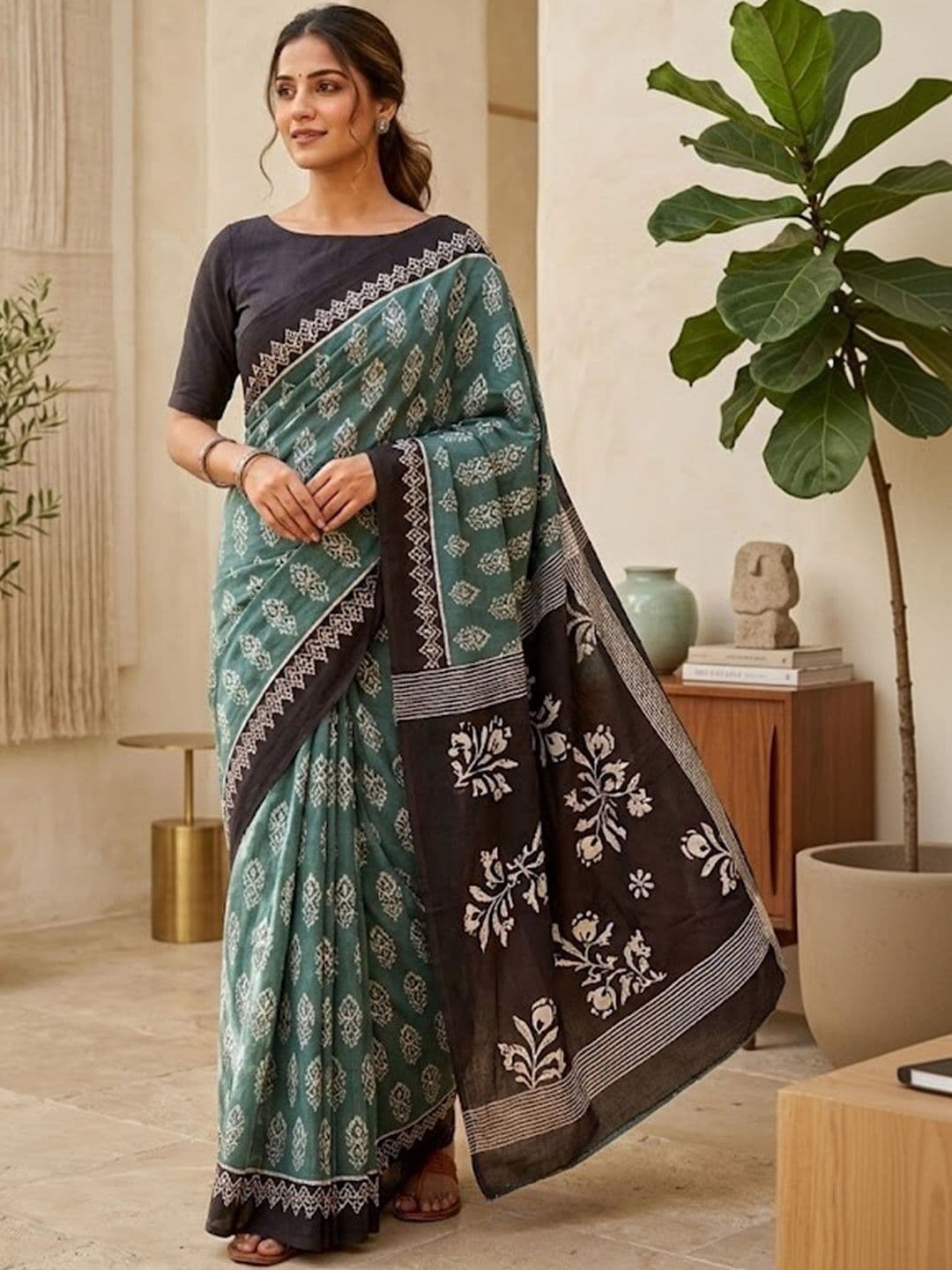 Sangria Printed Pure Cotton Block Print Sarees Blouse - view 1
