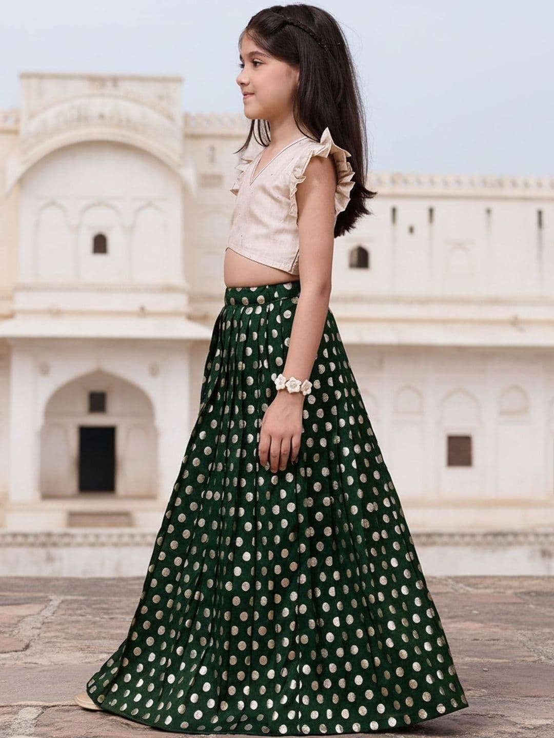 KALANANDI Girls Embellished Foil Print Ready to Wear Lehenga & thumbnail 7