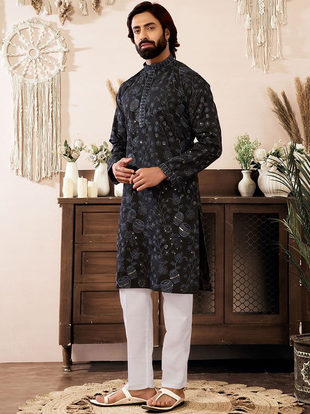 House of Pataudi Embroidered Cotton Mandarin Collar Knee Length Straight Kurtas - view 1