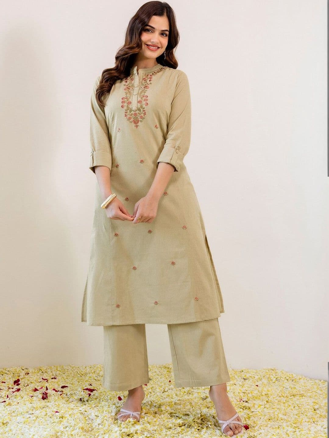 SKYLEE Embroidered Beige Viscose Rayon Co Ords for Women thumbnail 2