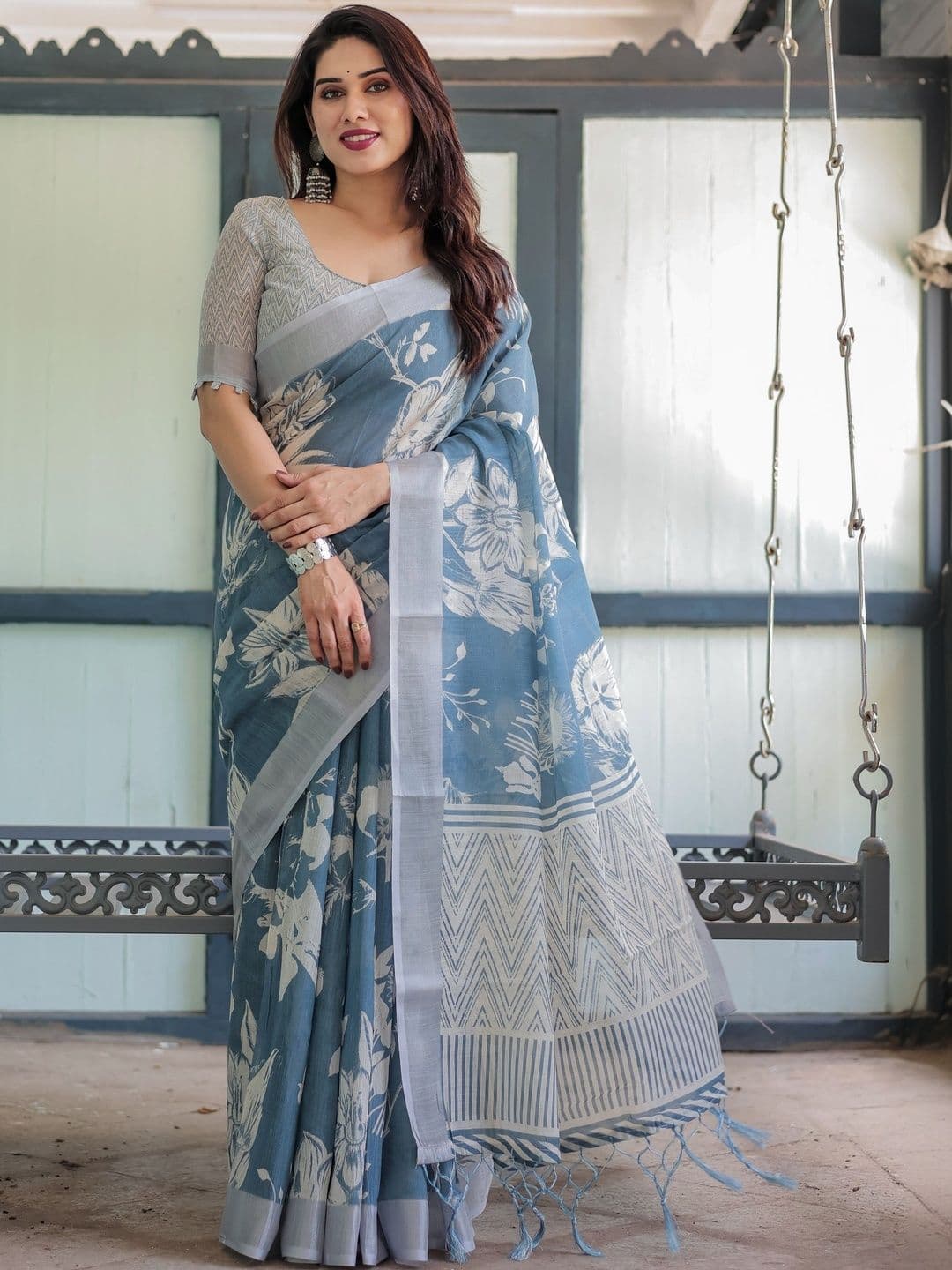 all about you Floral Linen Blend Handloom Saree - view 1