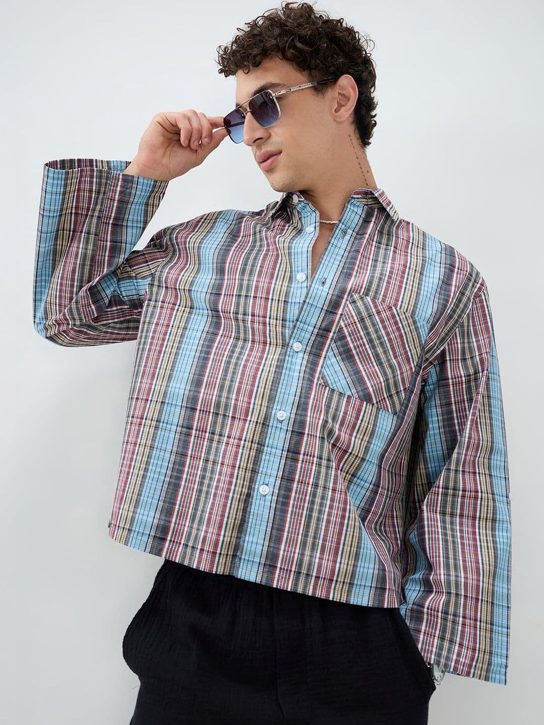 VASTRADO Multi Stripe Fusion Checks Cuffless Oversized Crop Shirt - view 1