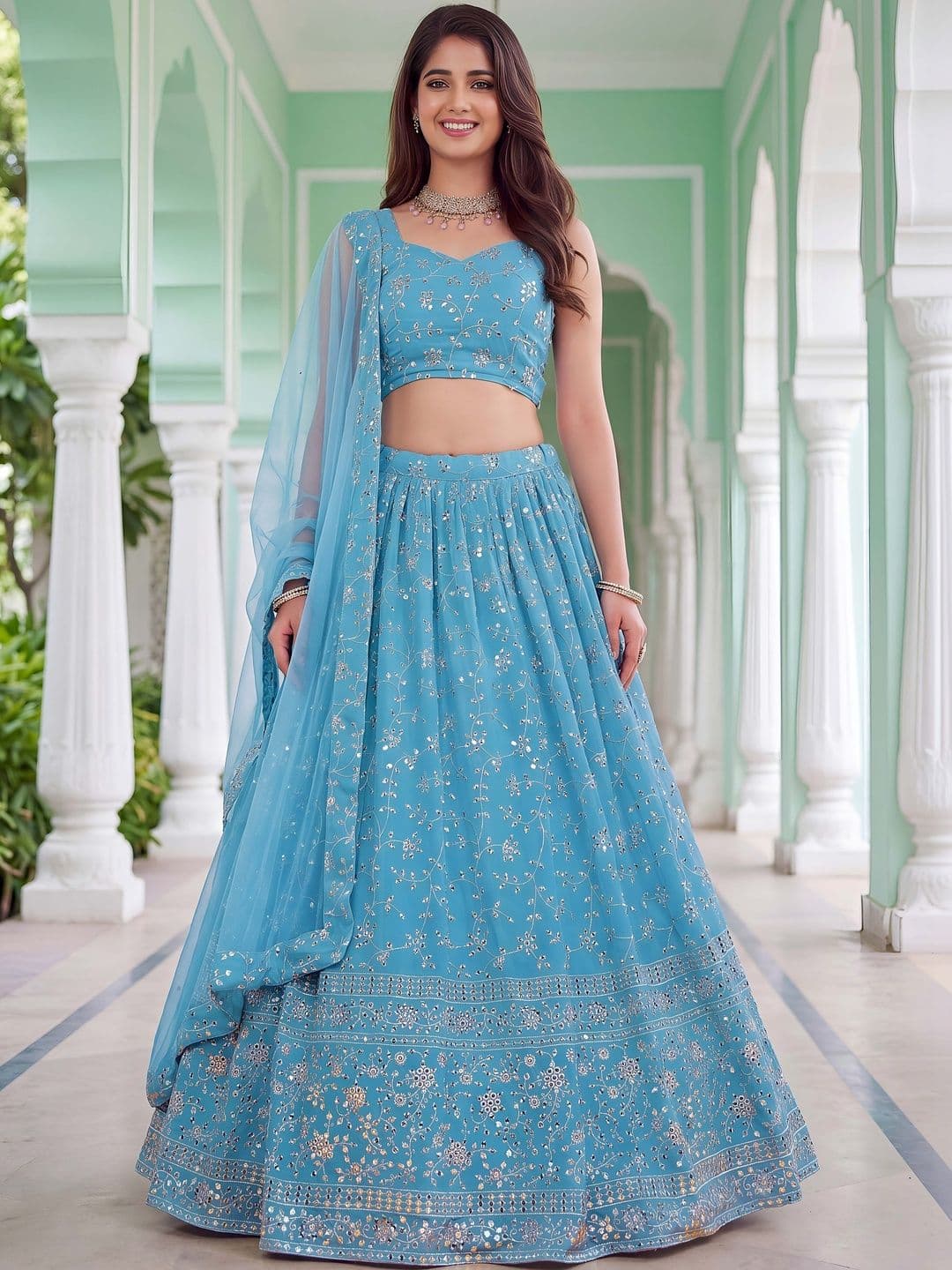 ETHNIC PLUS Embellished Sequinned Semi-Stitched Lehenga & Blouse With Dupatta thumbnail 3