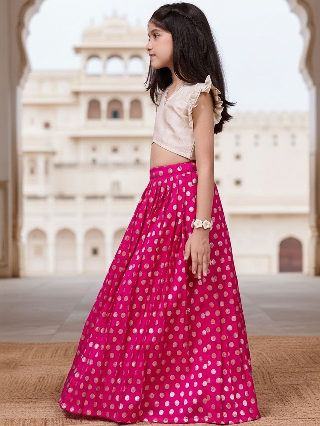 KALANANDI Girls Embellished Foil Print Ready to Wear Lehenga & thumbnail 4