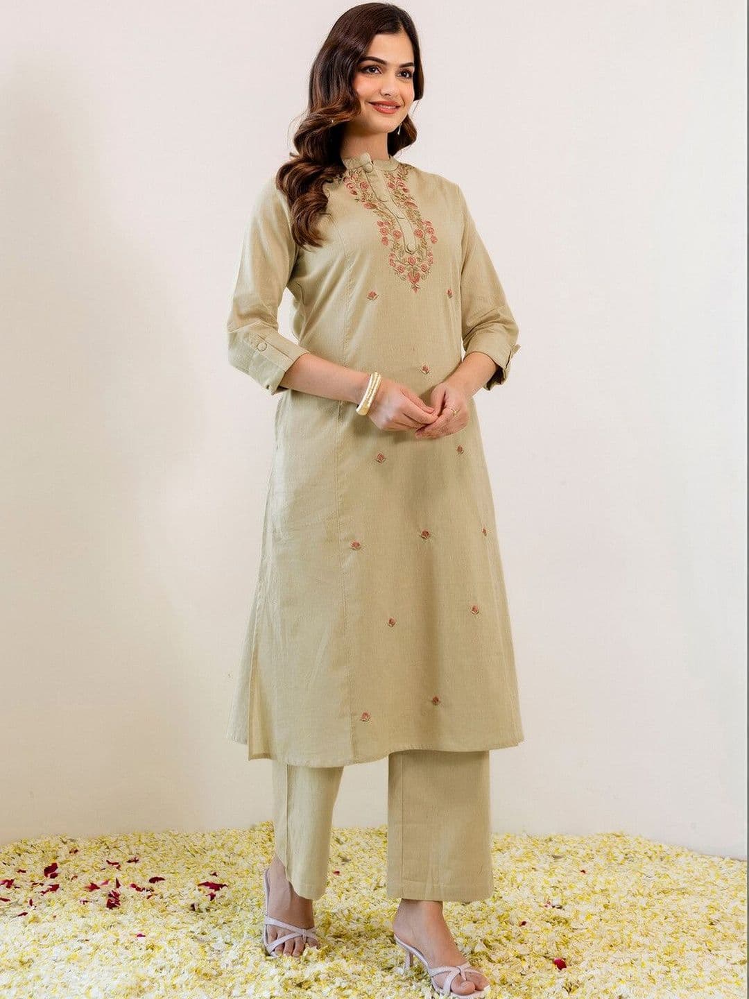 SKYLEE Embroidered Beige Viscose Rayon Co Ords for Women thumbnail 7