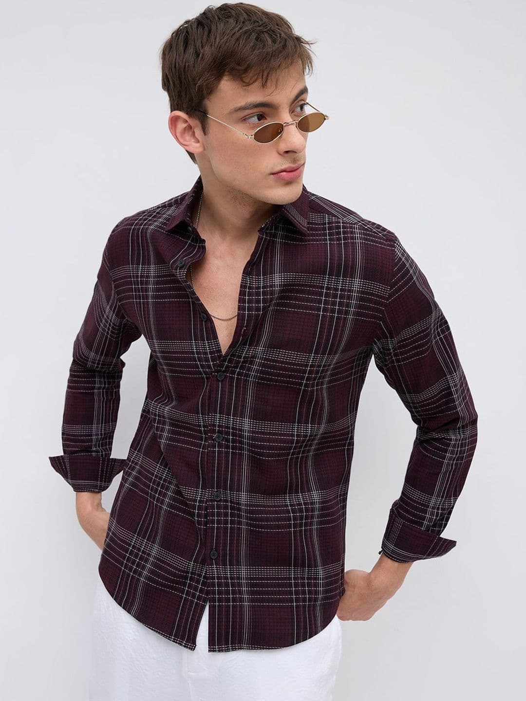 VASTRADO Refined Maroon & White Contrast Checks Shirt thumbnail 7