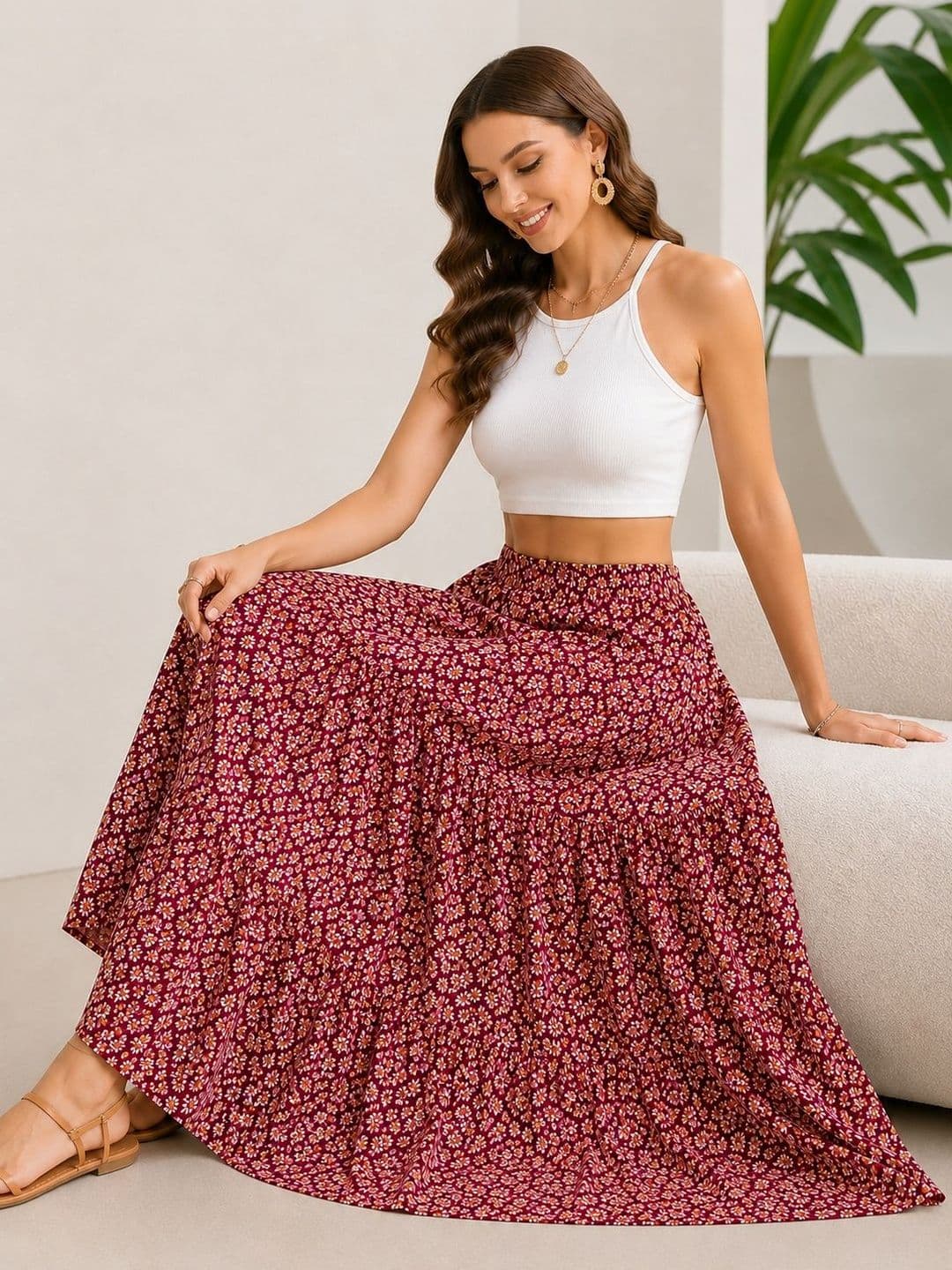 AmorLuxe Women Crepe Floral Midi A-Line Skirt thumbnail 4