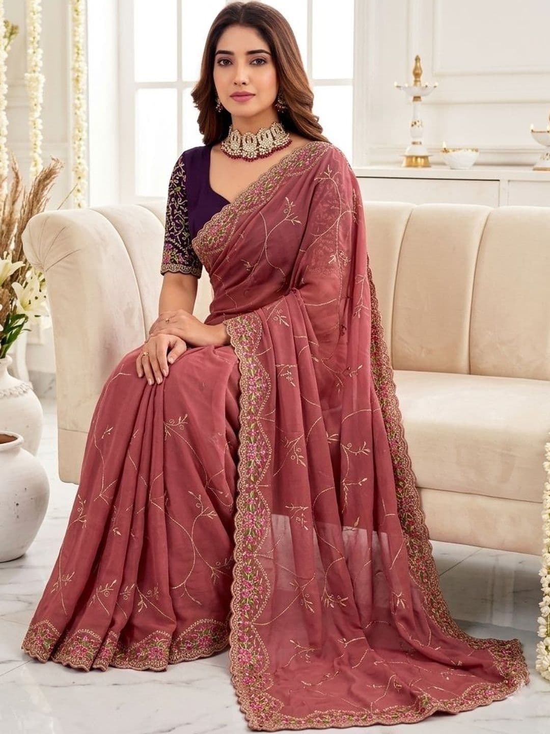 LeeliPeeri Designer Ethnic Motifs Embroidered Poly Georgette Heavy Work Saree - view 1