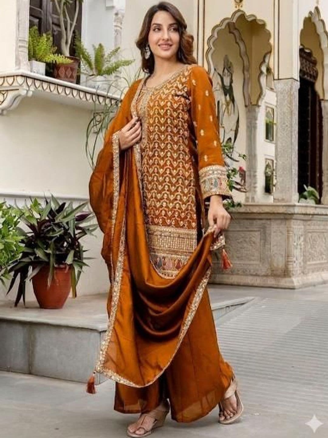 ZOEMIRA Women Ethnic Motifs Embroidered Regular Thread Work Kurta with Palazzos & With Dupatta thumbnail 5