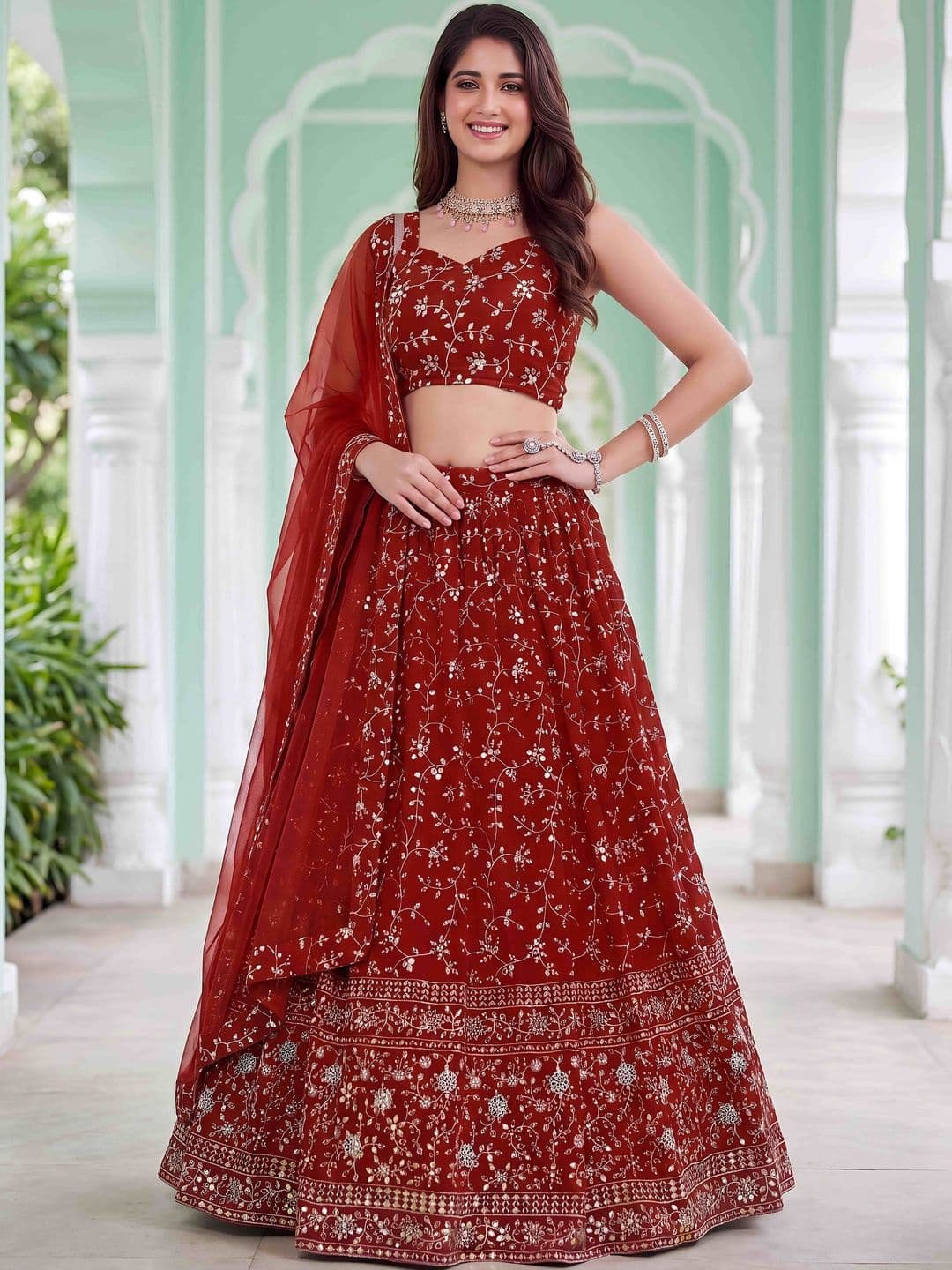 ETHNIC PLUS Red Embroidered Sequinned Ready to Wear Georgette Lehenga & Blouse With Dupatta thumbnail 2