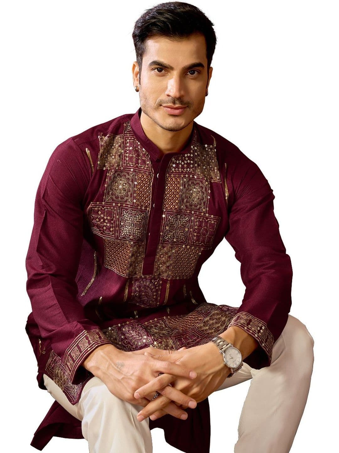 House of Pataudi Embroidered Cotton Mandarin Collar Knee Length Straight Kurta thumbnail 5