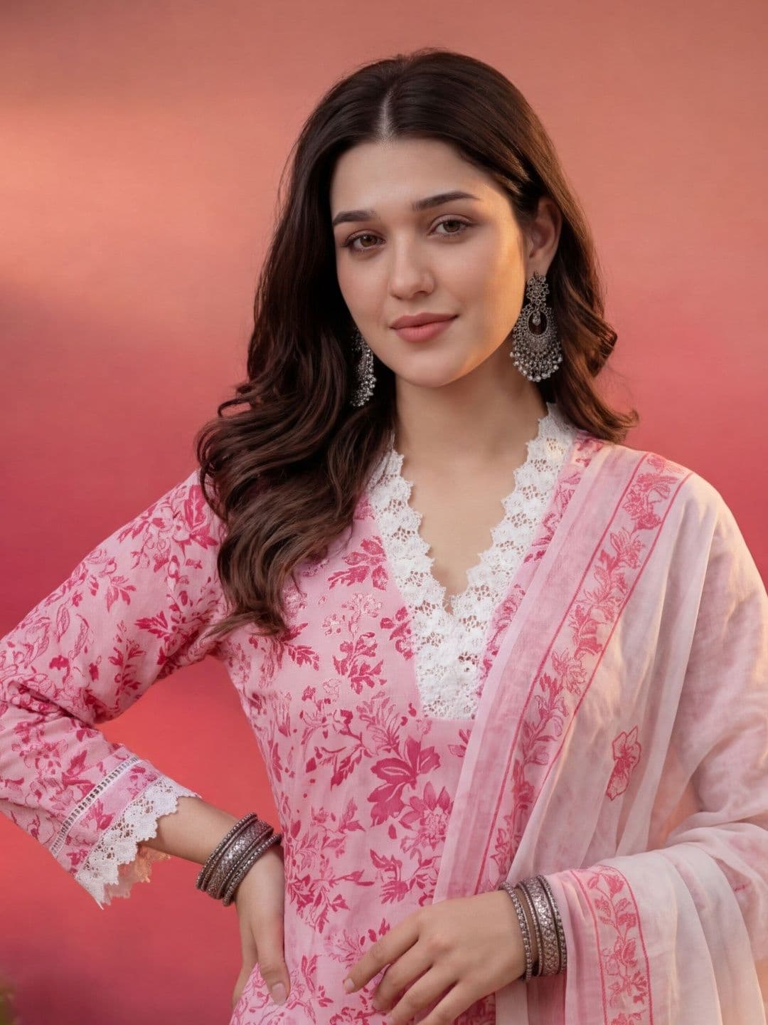 Sangria Printed Pure Cotton V-Neck Kurta & Trousers With Dupatta thumbnail 2