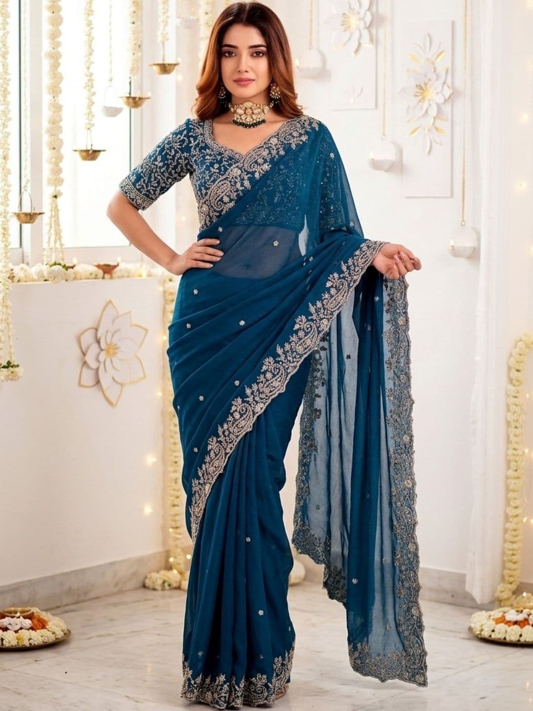 KALINI Embellished Embroidered Poly Georgette Heavy Work Saree thumbnail 4