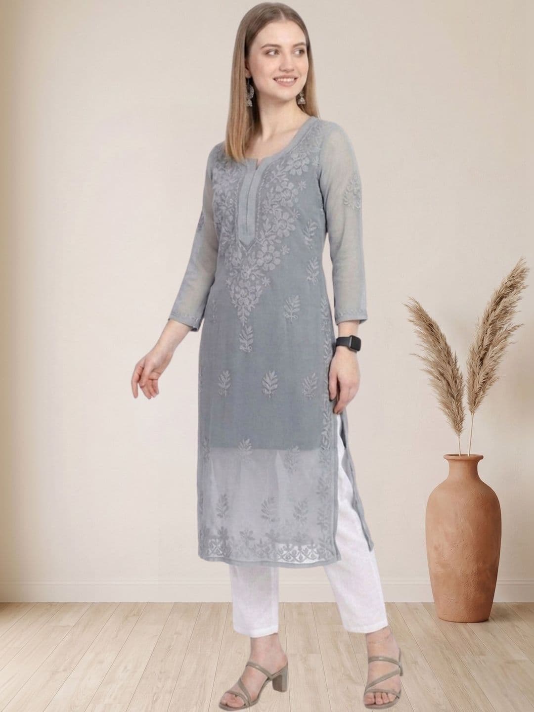 myplusfashion Women Ethnic Motifs Embroidered Chikankari Georgette Kurta thumbnail 3