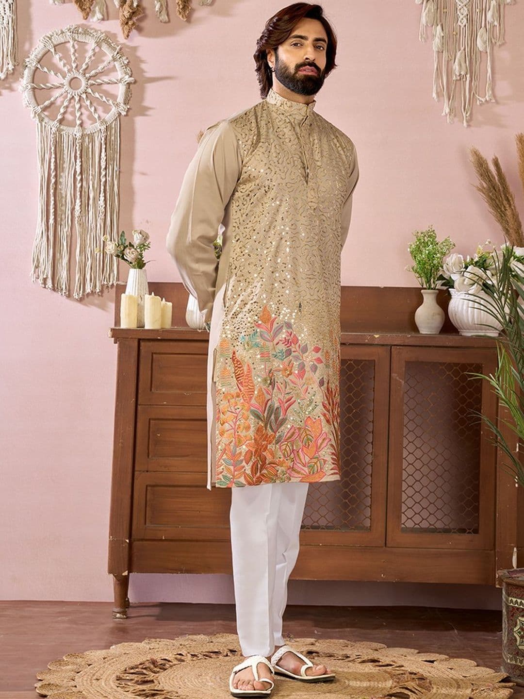 House of Pataudi Men Embroidered Cotton Mandarin Collar Straight Kurtas thumbnail 3