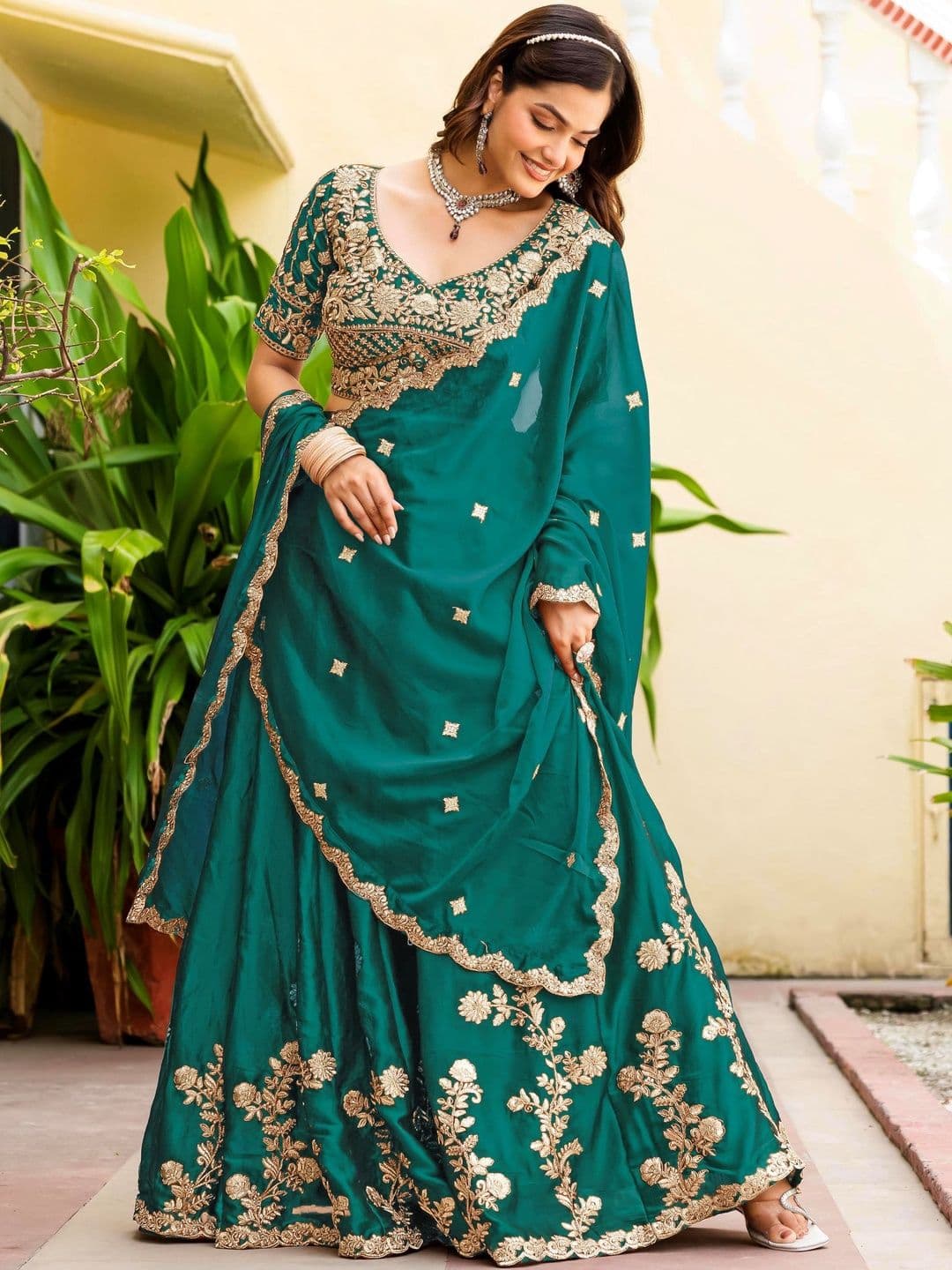 JIHU CULTURE Embroidered Thread Work Semi-Stitched Lehenga & Blouse With Dupatta thumbnail 2