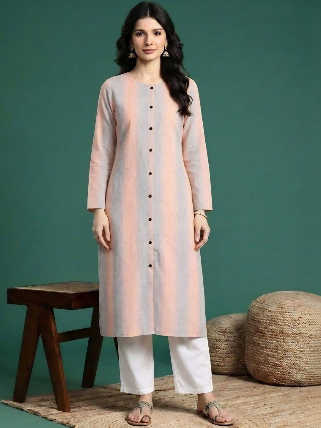 Sangria Striped Round Neck Calf Length Straight Kurtas thumbnail 3