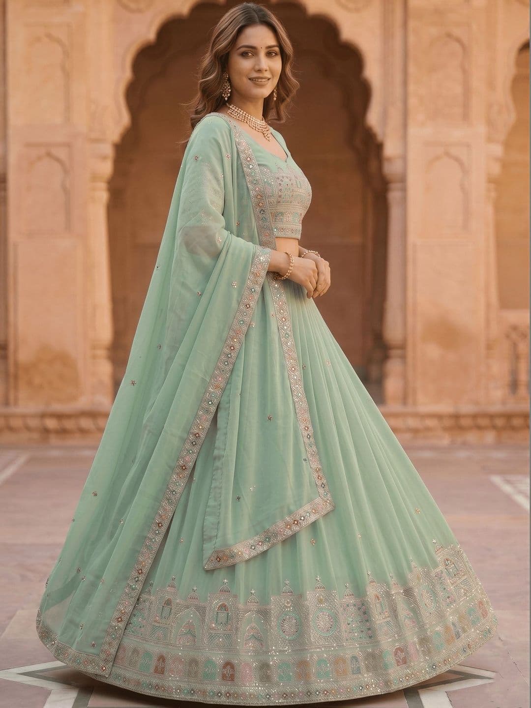 Jogmaya Fashion Embroidered Sequinned Semi-Stitched Lehenga & Blouse With Dupatta thumbnail 4