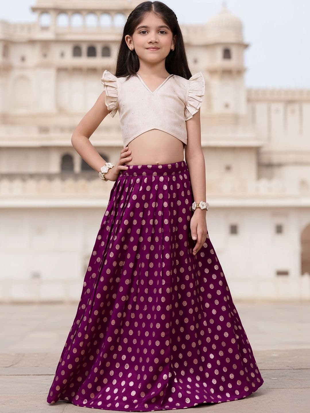 KALANANDI Girls Embellished Foil Print Ready to Wear Lehenga & thumbnail 7