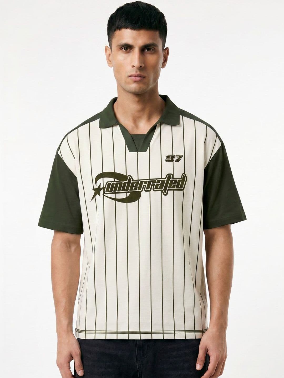 Crazymonk Men Striped Polo Collar Extended Sleeves Monochrome Applique T-shirt - view 1