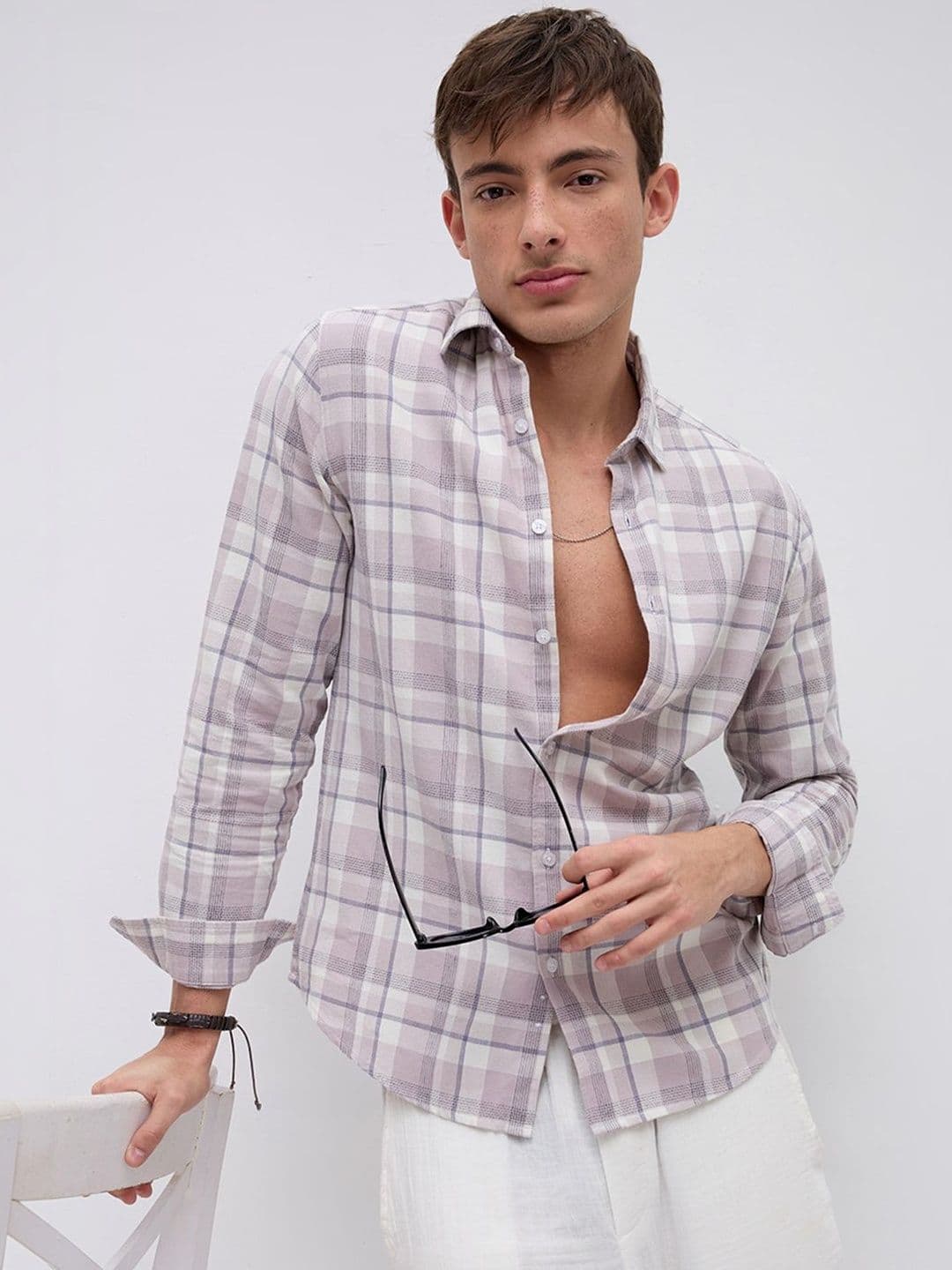 VASTRADO Dusty Pink Micro Herringbone Windowpane Checks Shirt - view 1
