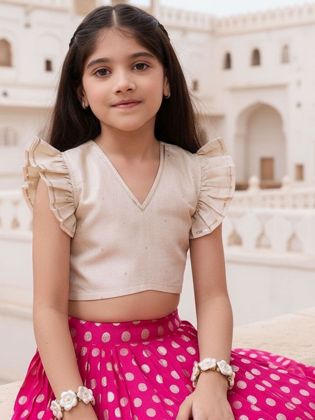 KALANANDI Girls Embellished Foil Print Ready to Wear Lehenga & thumbnail 3