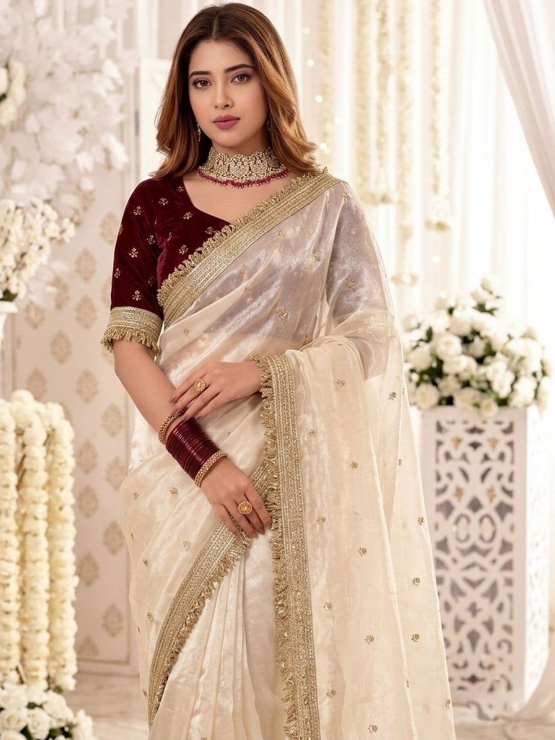 KALINI Embellished Zari Satin Heavy Work Saree thumbnail 6