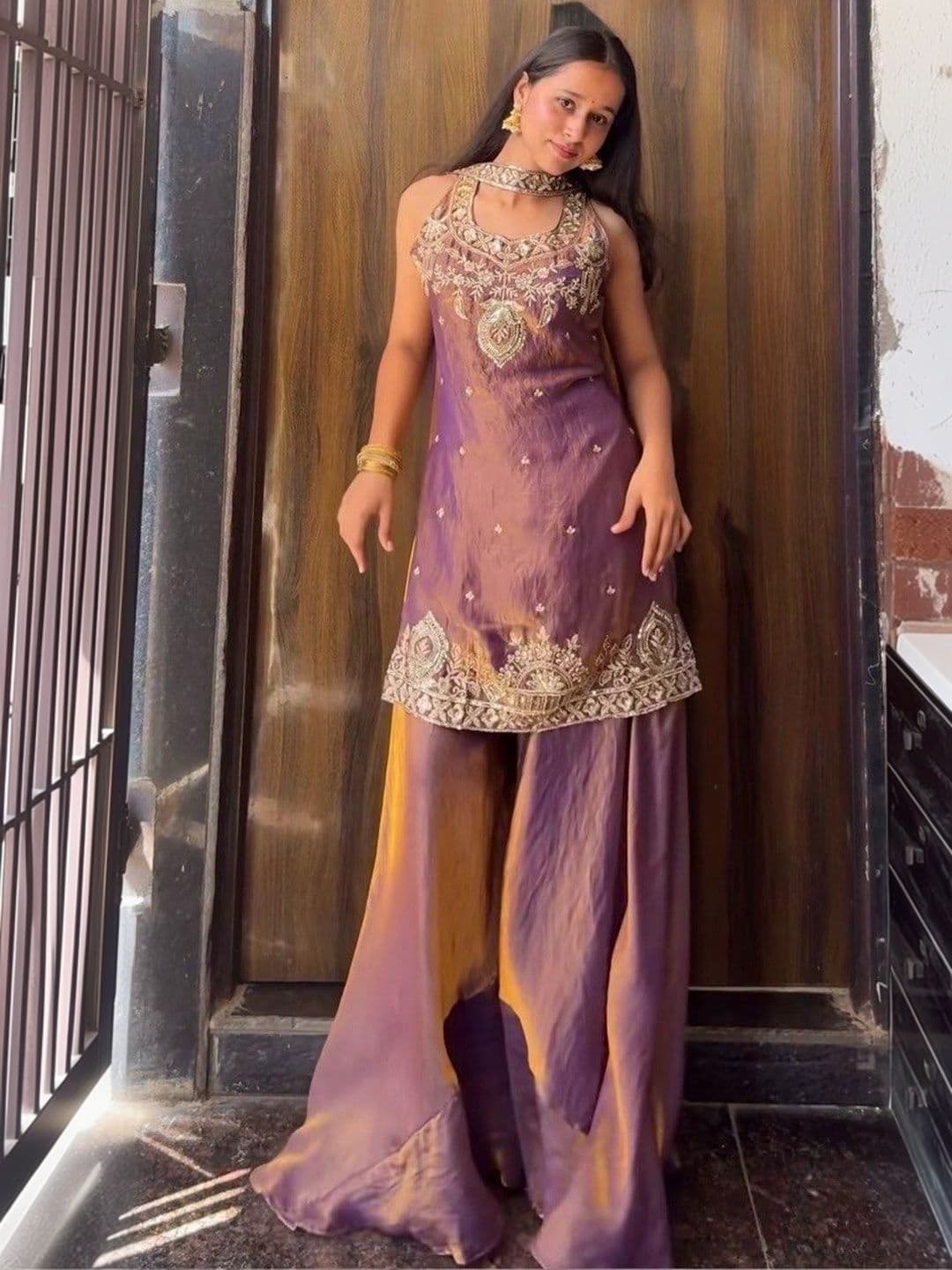Bouncer Berry Ethnic Motifs Embroidered Thread Work Pure Silk Kurta with Sharara & Dupatta thumbnail 3